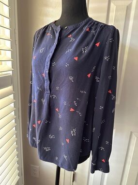 Boden Navy Heart Print Long Sleeve Blouse 10